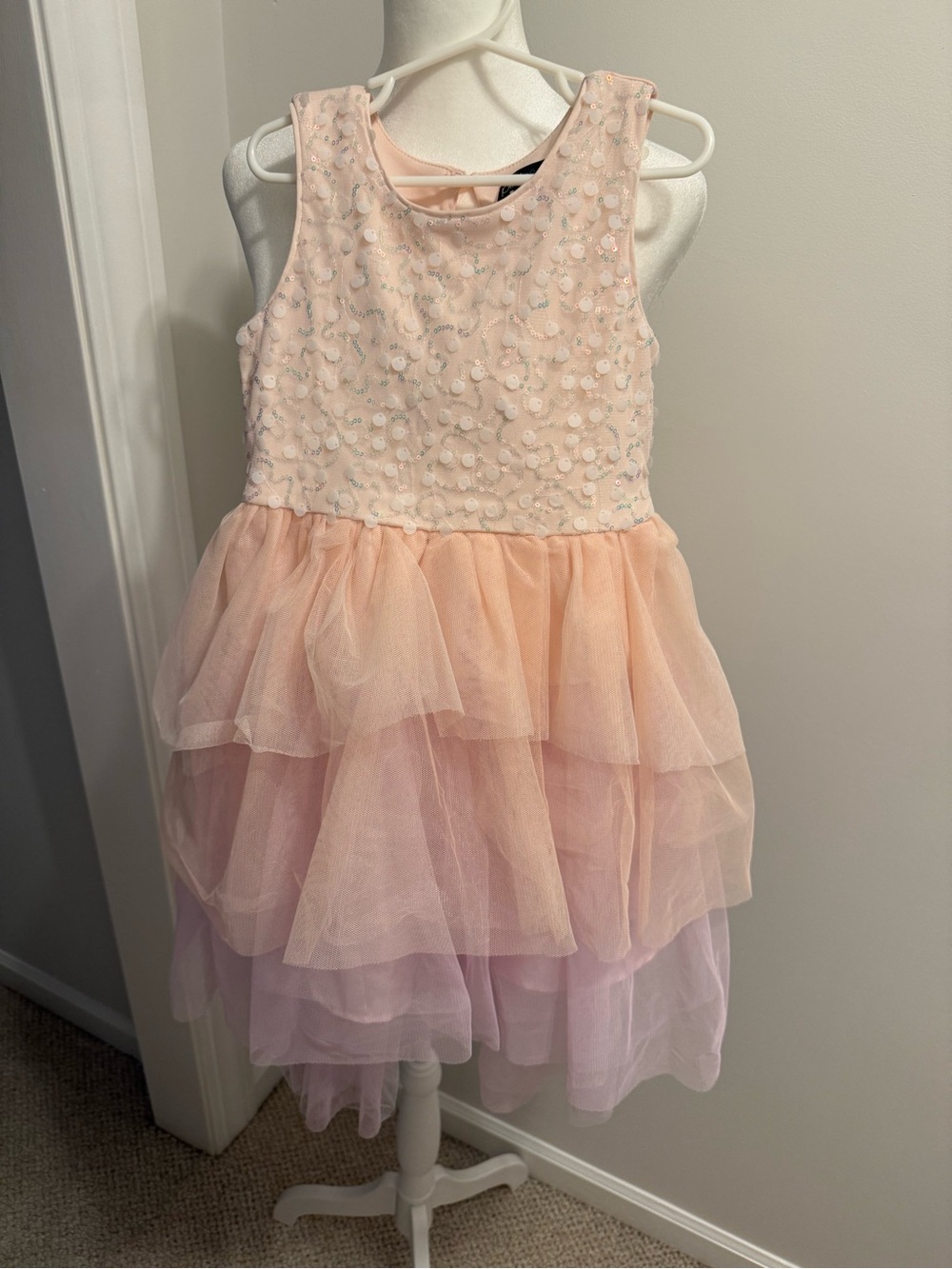 Sleeveless Peach Sequin Tiered Tulle Party Dress for Girls Size 6X